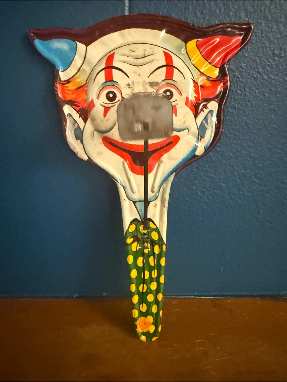 VTG 1950s US Metal Toy Co Tin Litho Clown Clapper Noisemaker
